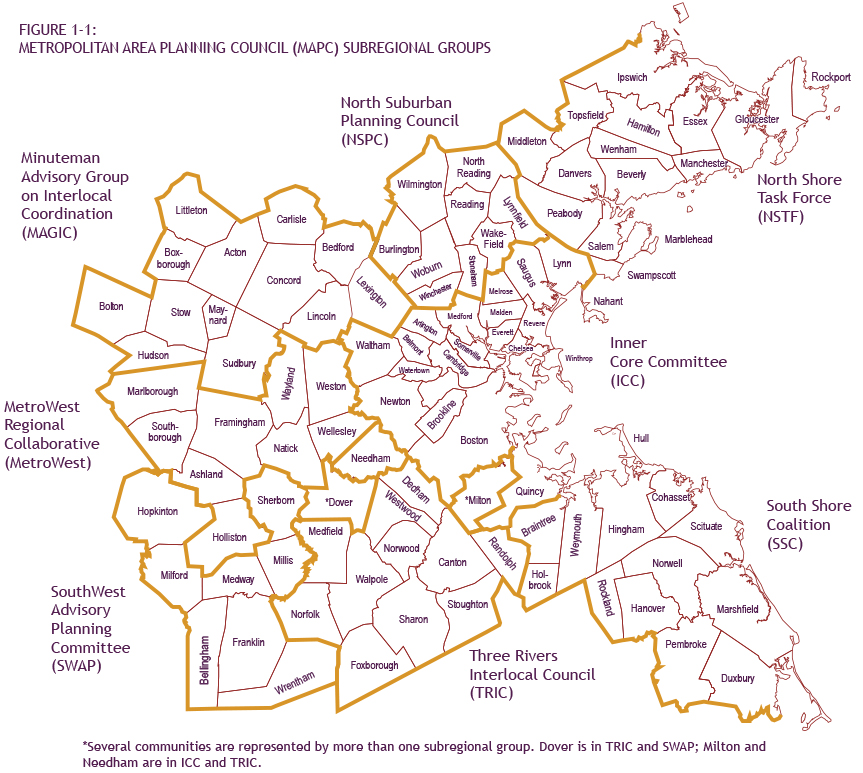 -	Figure 1-1: Metropolitan Area Planning Council (MAPC) Subregional Groups:  Metropolitan Area Planning Council (MAPC) Subregional Groups map:  This figure displays the 101 cities and towns that make up this area. Those municipalities are divided into eight subregional areas.